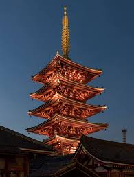 Five-story pagoda at Senso-ji Temple against Tokyo skyline