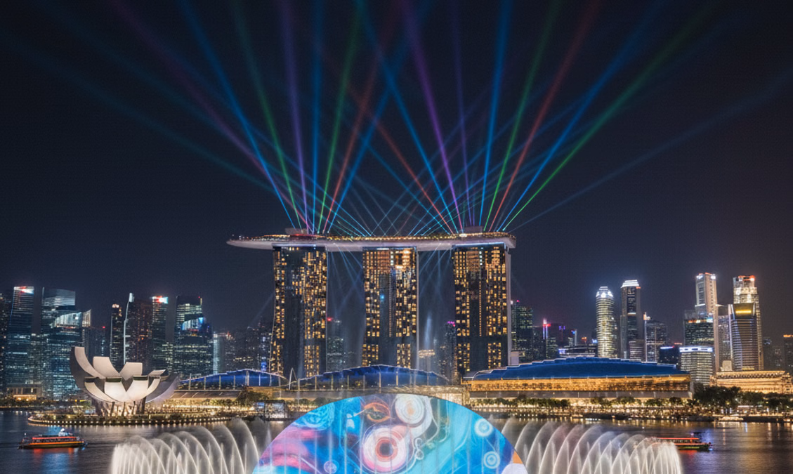 Singapore waterfront audio visual night show with lasers and projection effects