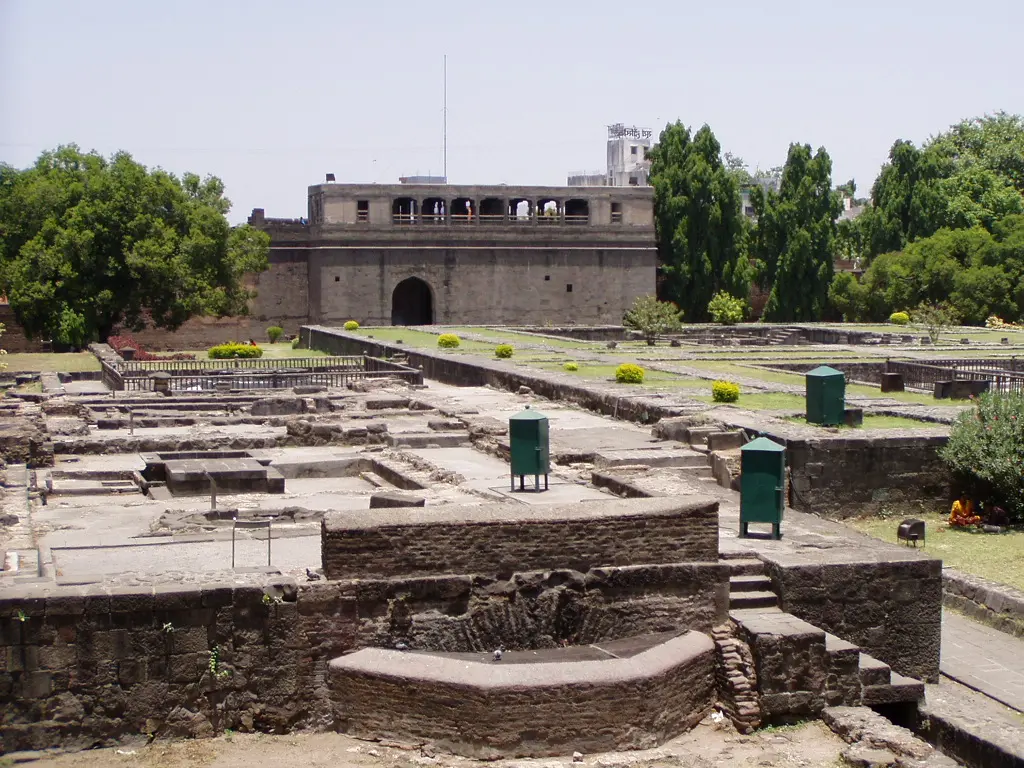 Courtyard ruins and foundation remains inside Shaniwar Wada