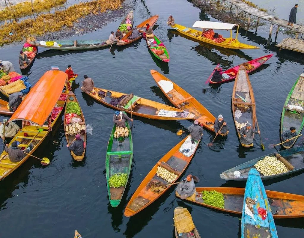 Floating market scene on Dal Lake during shikara route