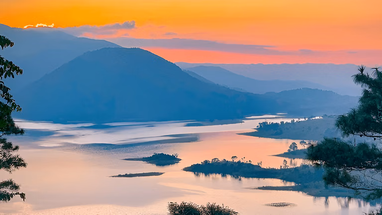 Morning lake and hill view in Shillong
