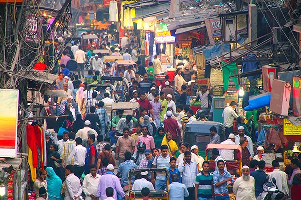Chandni Chowk market showing busy narrow lanes with shops