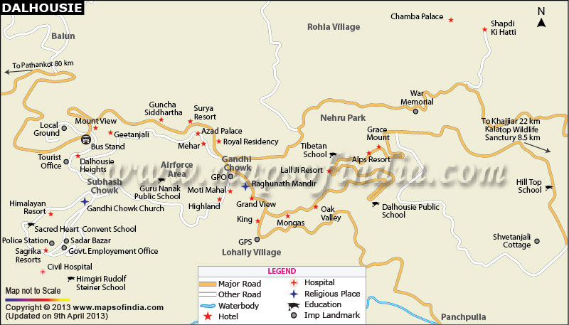 Shopping route map for Dalhousie showing Mall Road and other markets