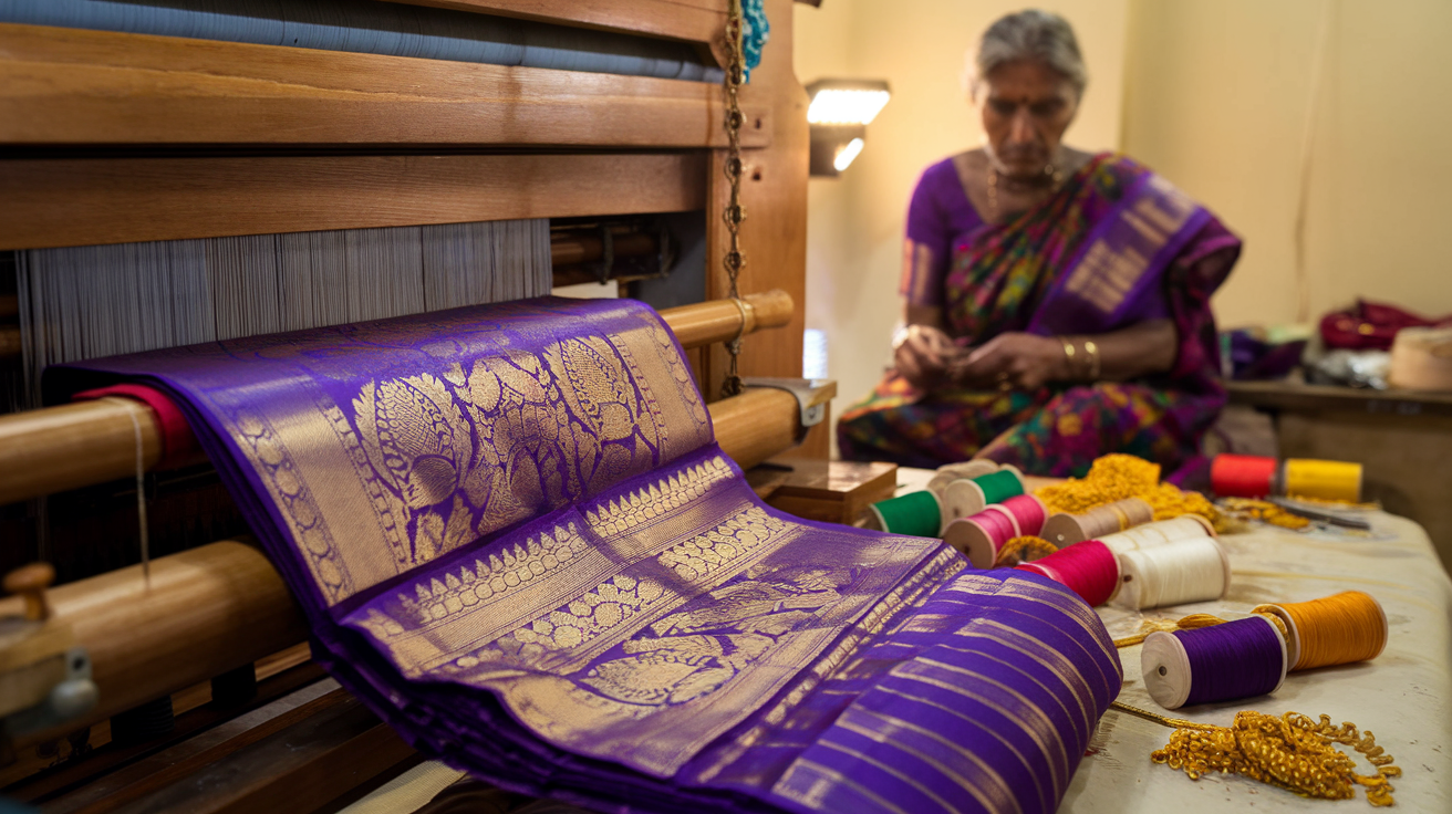 Traditional handloom weaving process in Kanchipuram
