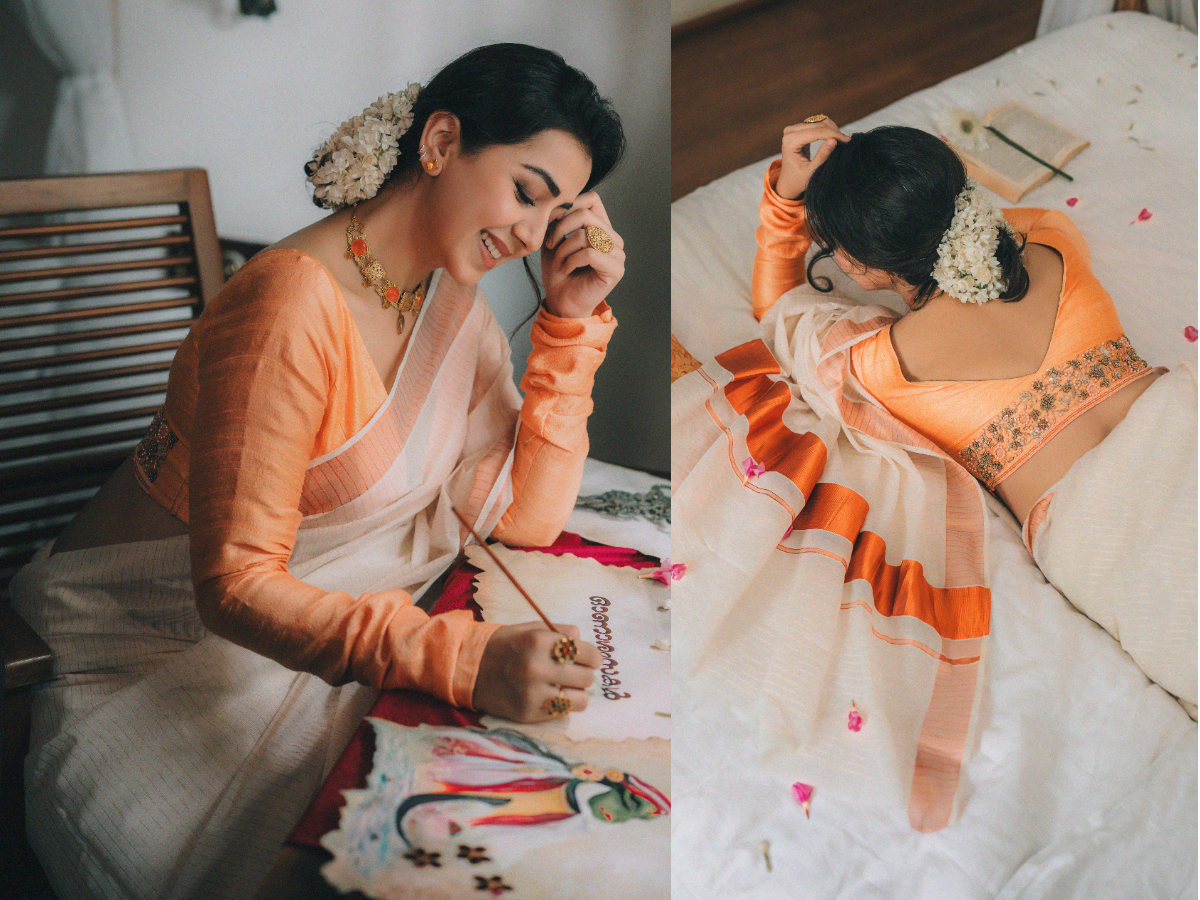 Traditional Kerala kasavu saree with gold border