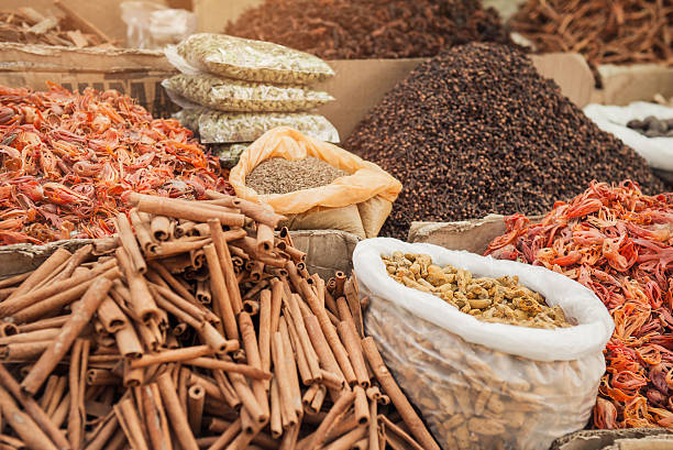 Kerala spices display with cardamom, pepper and cinnamon
