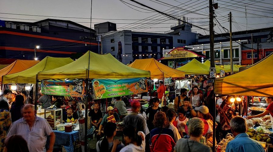 Vibrant night market in Krabi with colorful stalls