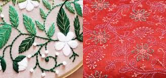 Close-up of Chikankari embroidery showing delicate white threadwork on fabric