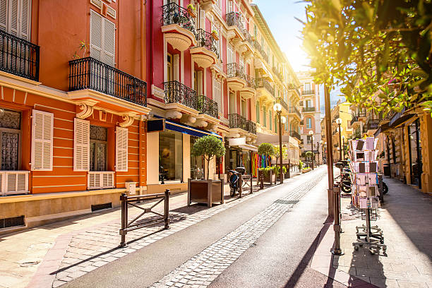 Elegant shopping street in Monaco with luxury boutiques and Mediterranean views