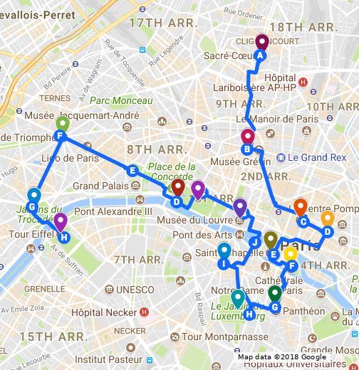 Paris shopping route map showing districts and suggested itinerary