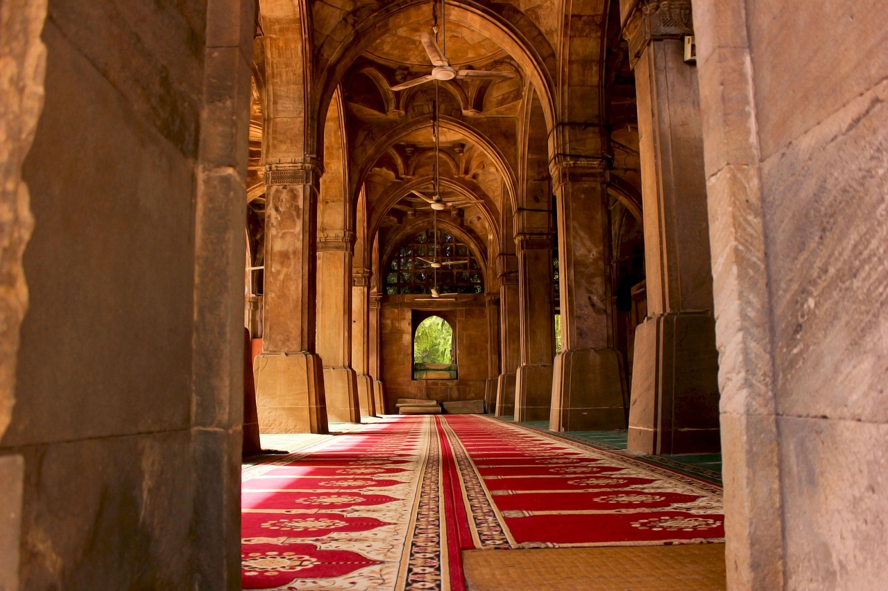 Interior arches and filtered light inside Sidi Saiyyed Mosque