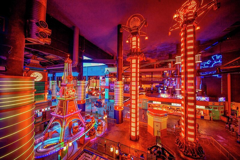 Skytropolis indoor rides and colorful amusement setup