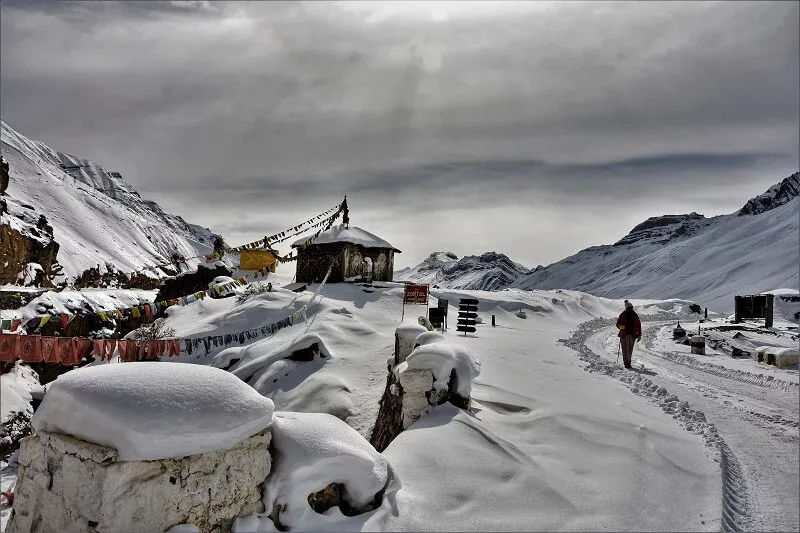 Spiti Valley in March with snow covered mountains and landscape