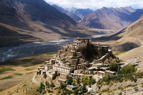 Spiti Valley summer landscape showing snow-capped mountains and green valleys
