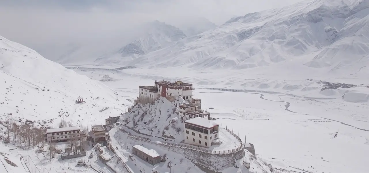Spiti Valley winter landscape with snow covered mountains and frozen rivers