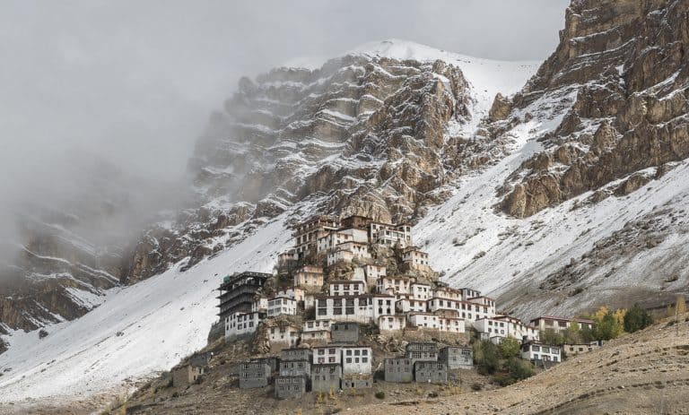 Ki Monastery in Spiti Valley covered with winter snow