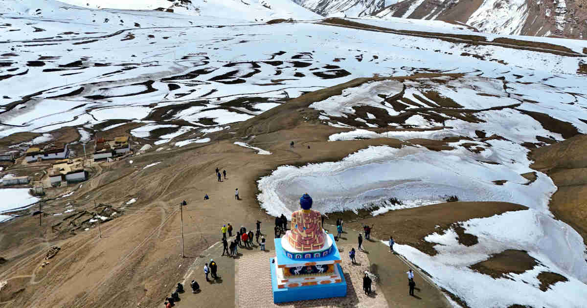 Spiti Valley during spring transition with melting snow and emerging greenery