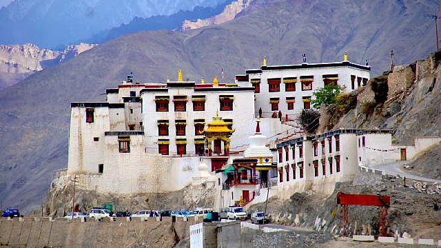 Spituk Gompa entrance with prayer flags