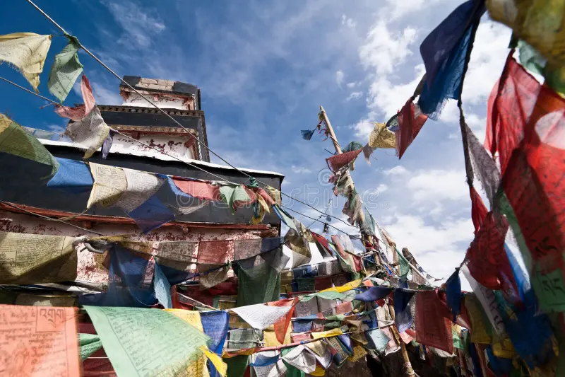 Colorful prayer flags at Spituk Gompa