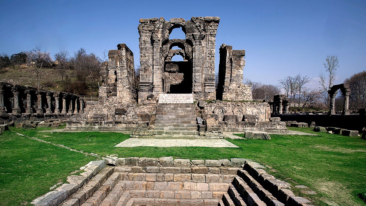 Photography composition at Martand Sun Temple ruins with heritage stone details