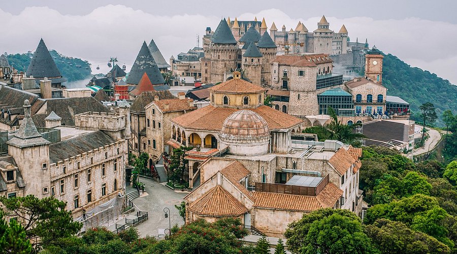 French Village architecture and plaza area in Ba Na Hills Vietnam