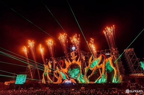 Main stage lights and crowd at Sunburn Goa festival night