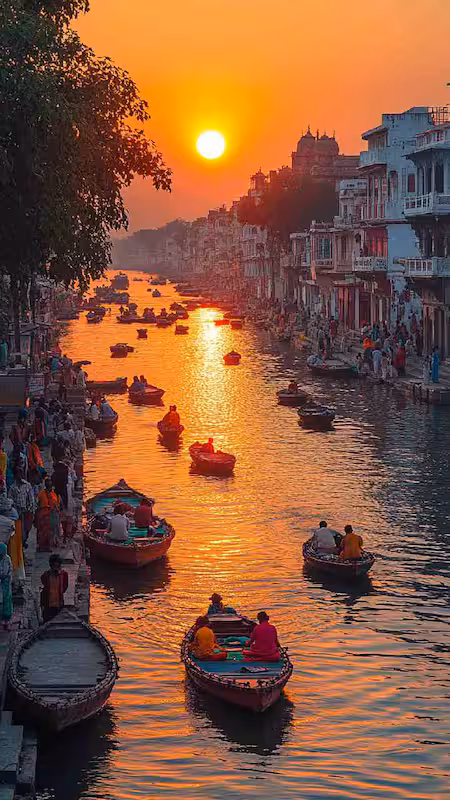 Varanasi sunset photography setup at ghat with crowd aware positioning