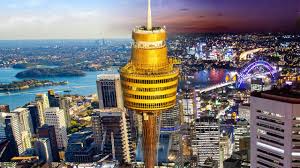 Panoramic Sydney skyline view from high observation deck