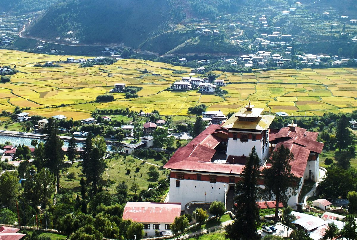 Panoramic Paro valley view from Ta Dzong Bhutan