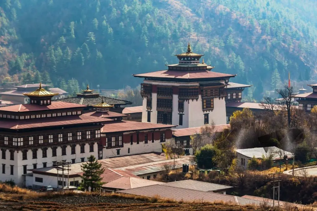 Tashichho Dzong during clear autumn weather in Thimphu