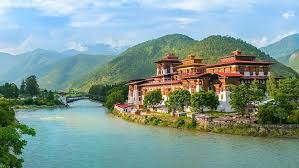 Bhutan temples landscape with monastery and mountains