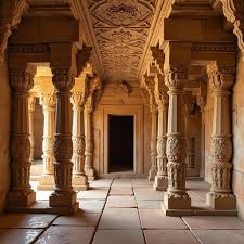 Long stone corridor with carved pillars in a temple