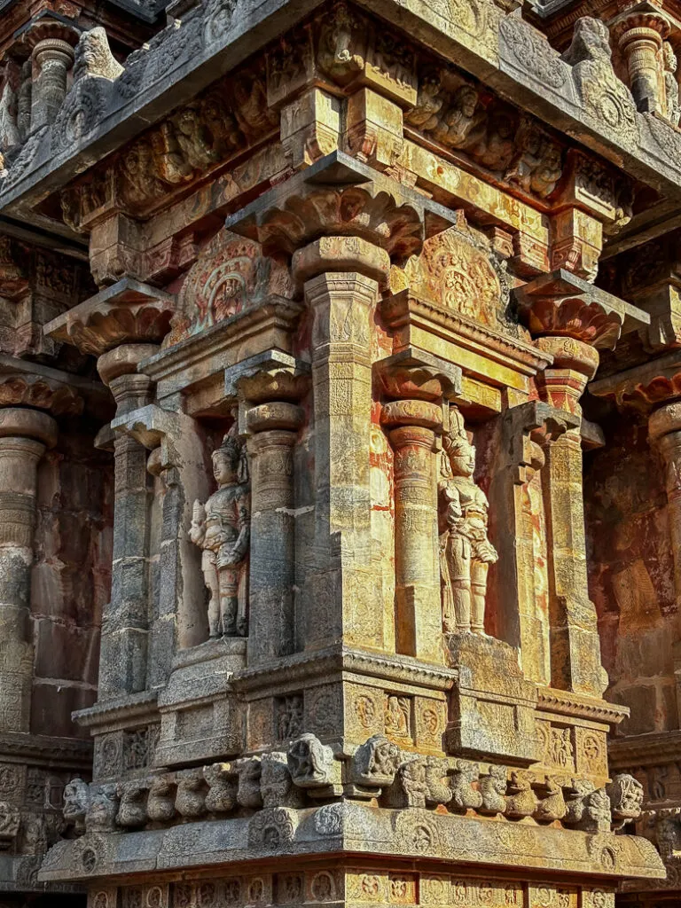 Stone sculpture details in a Chola-era temple