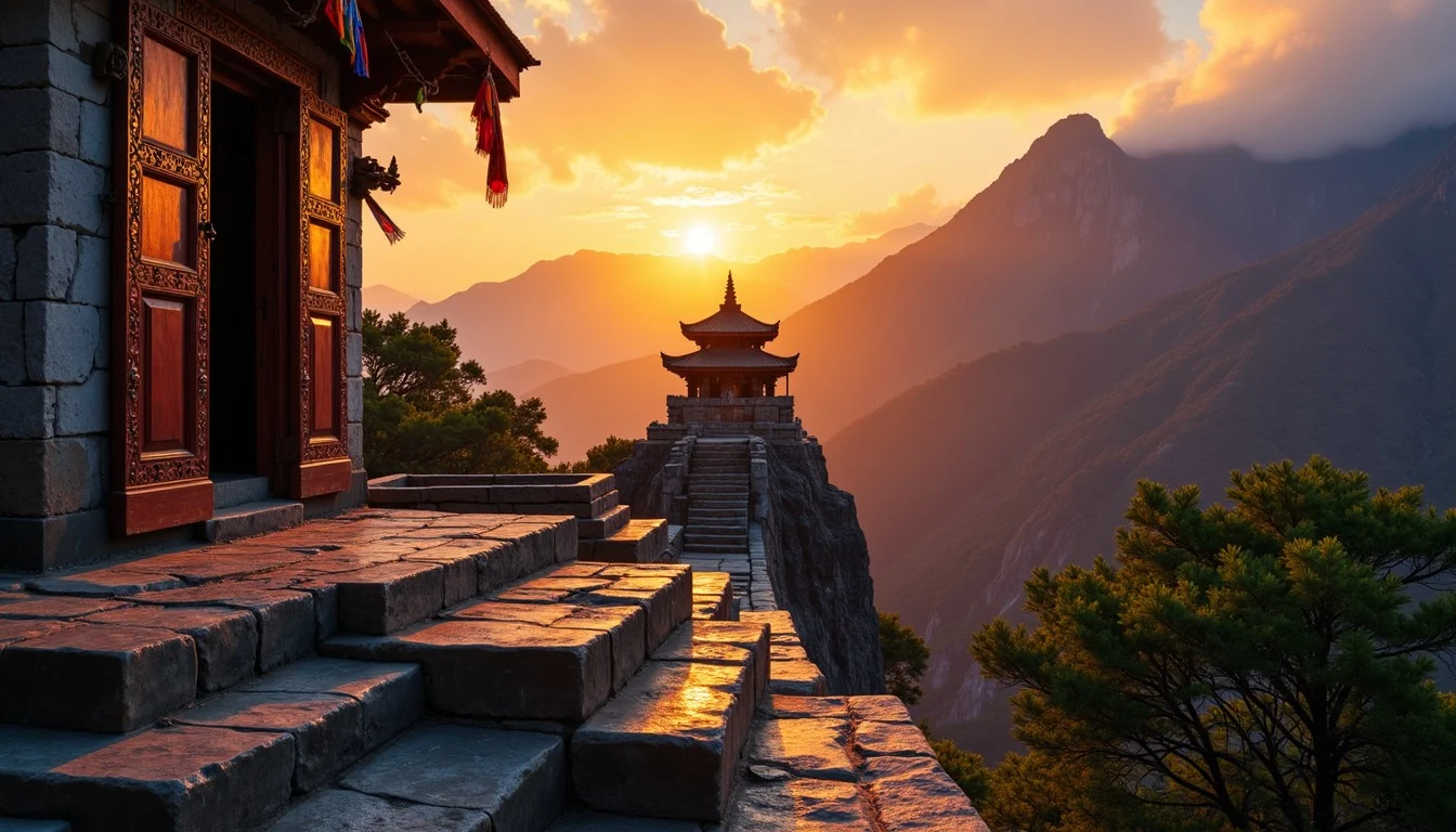 Sunset in a Himalayan temple courtyard