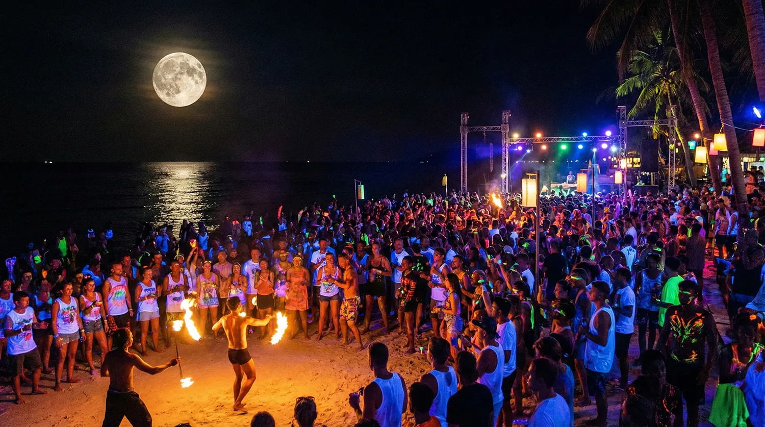 Full Moon Party crowd at Haad Rin beach Koh Phangan