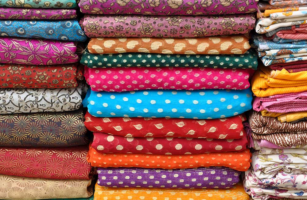 Colorful textile and bandhani shopping lanes in Ahmedabad market area