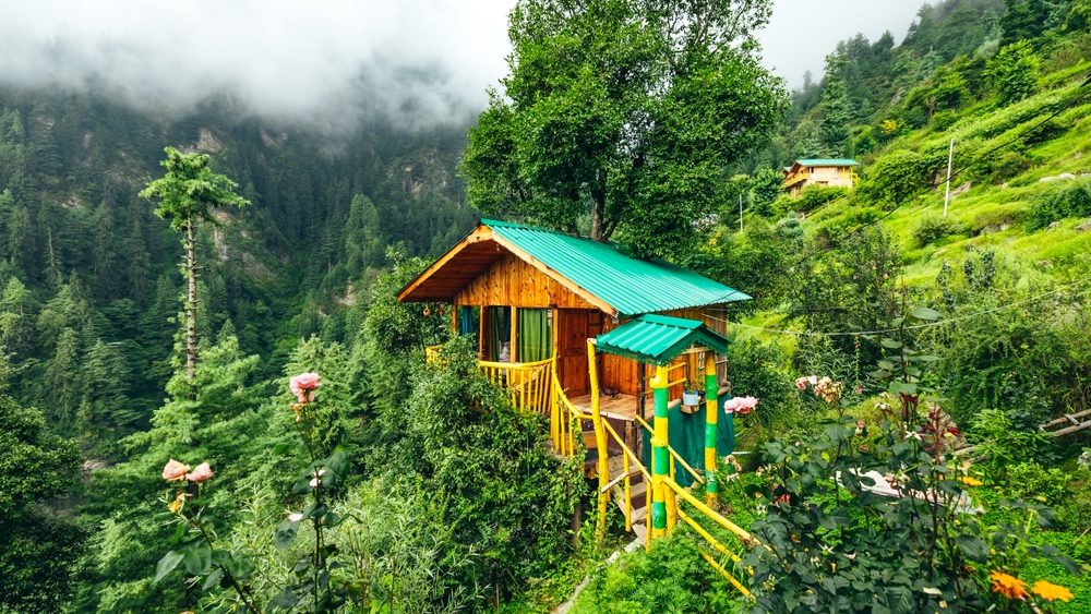 Beautiful landscape of Jibhi Himachal Pradesh with traditional wooden houses