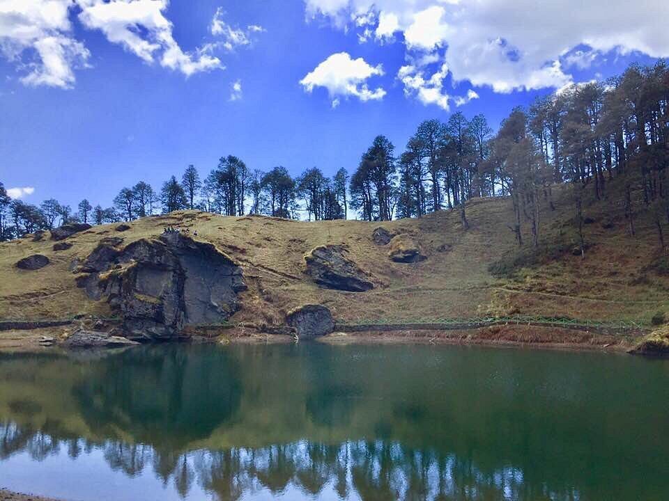 Serolsar Lake in Jibhi with snow capped mountains