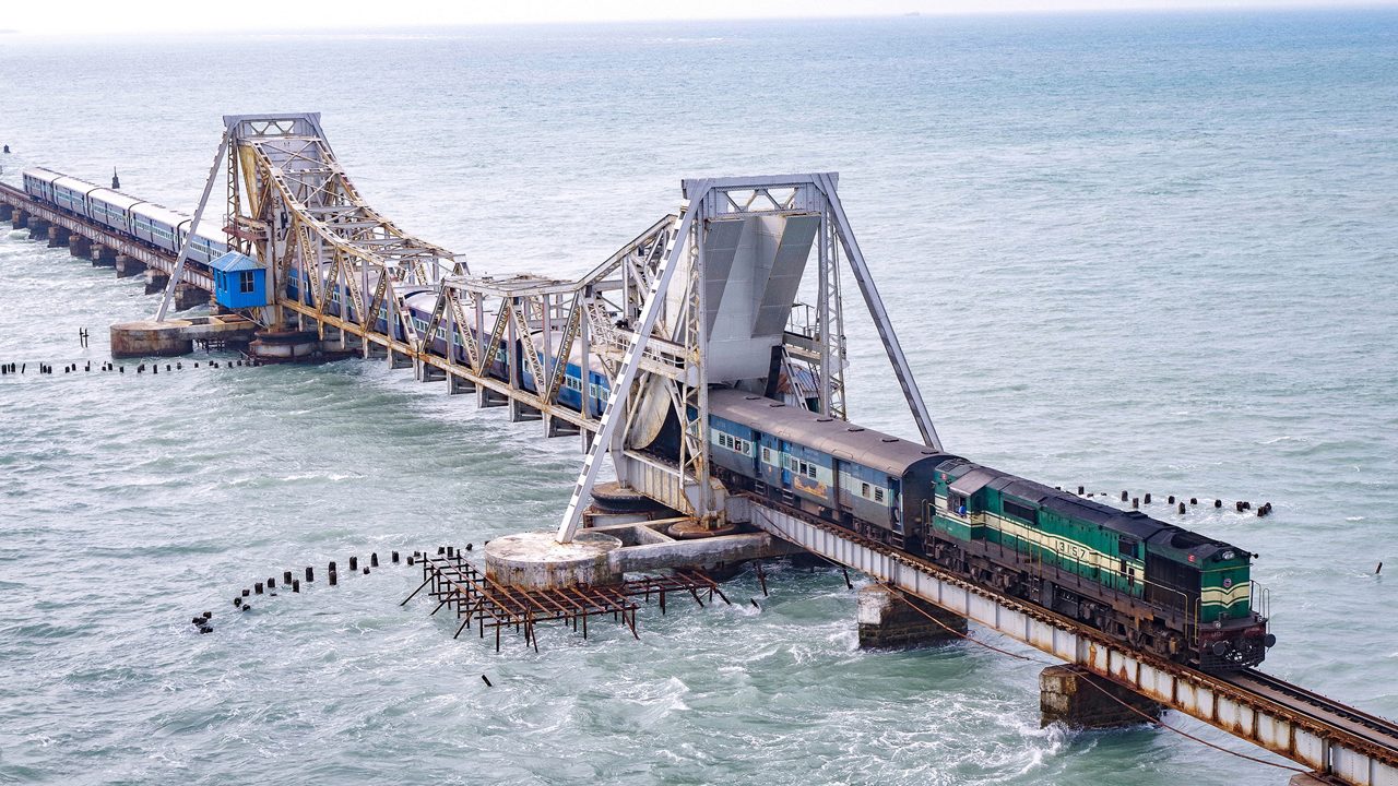 Pamban Bridge sea crossing view in Rameswaram