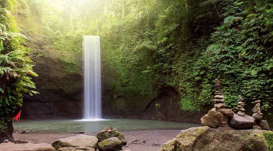 Detailed view of Tibumana Waterfall twin streams cascading down mossy rocks