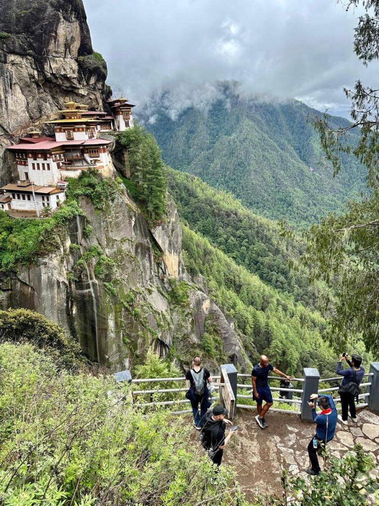 Tiger Nest trek trail through pine forest with mountain valley views