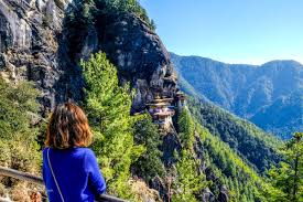 Classic viewpoint opposite Tiger Nest monastery in Paro Bhutan