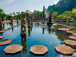 Tirta Gangga Water Palace ponds fountains and garden overview in East Bali