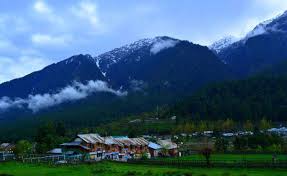 Alpine trekking landscape in Kashmir with meadows and mountain backdrop