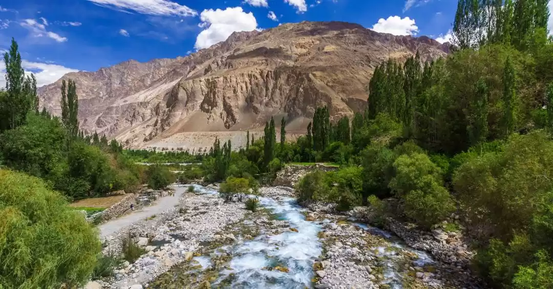 Village lanes and mountain backdrop in Turtuk Ladakh