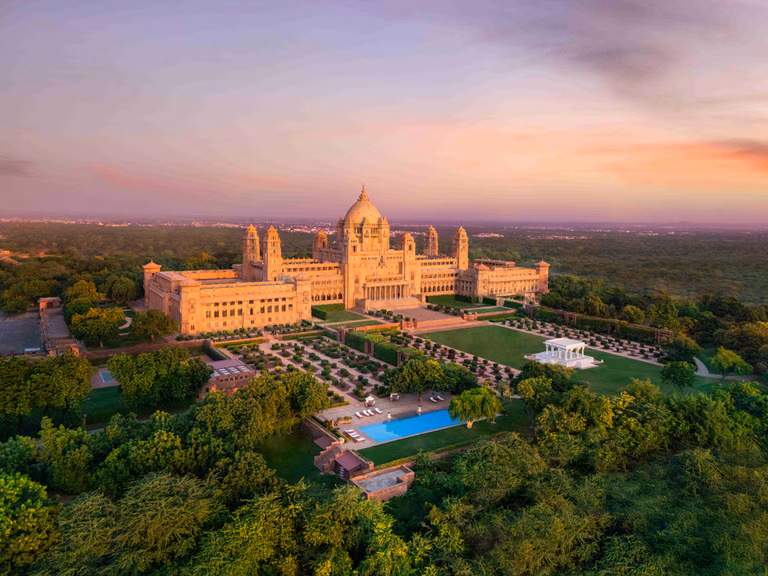 Sunset light on Umaid Bhawan Palace facade in Jodhpur
