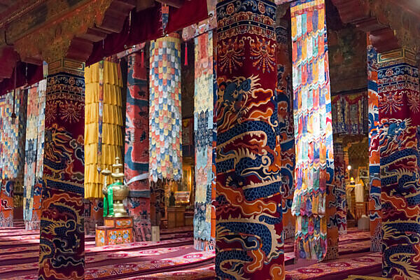 Prayer hall interior at Upshi Monastery
