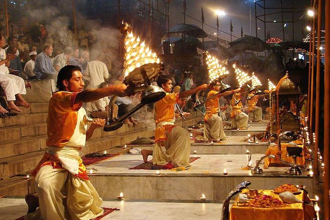 Priests performing Ganga Aarti ceremony