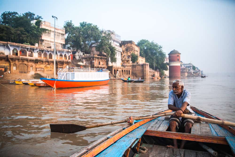 Varanasi ghats seen from boat on River Ganges