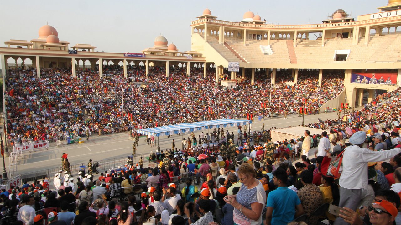 Crowd cheering at Wagah Border Ceremony - Patriotic atmosphere